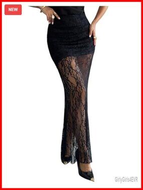 Sheer Lace Maxi Skirt See Through Bodycon Long Fishtail High Rise